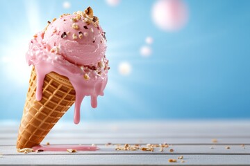 Vintage-style illustration of a melting ice cream cone, with muted colors capturing the nostalgic charm of childhood summers, symbolizing warmth and nostalgia