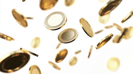 Gold falling coins. 3d golden coins rain on white background. Money, game, casino, cash,jackpot, win concept