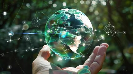 A hand holding a green globe with a network of lines surrounding it. Concept of interconnectedness and the importance of taking care of our planet - Powered by Adobe