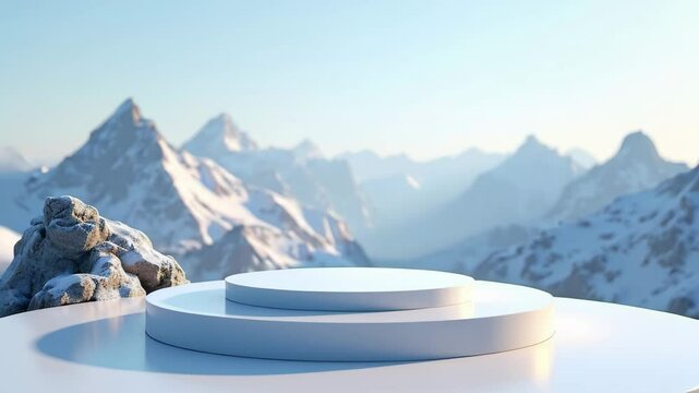 3D podium background with mountain landscape. 3D podium, booth background, stage, minimalist stage rendering design.