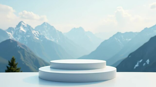 3D podium background with mountain landscape. 3D podium, booth background, stage, minimalist stage rendering design.