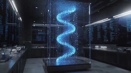 A research lab where floating holographic DNA models rotate and separate into layers, each displaying detailed genetic information. The models provide scientists with a close-up view of DNA 