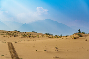 Golden desert dunes illuminated by sunbeams under a dramatic sky