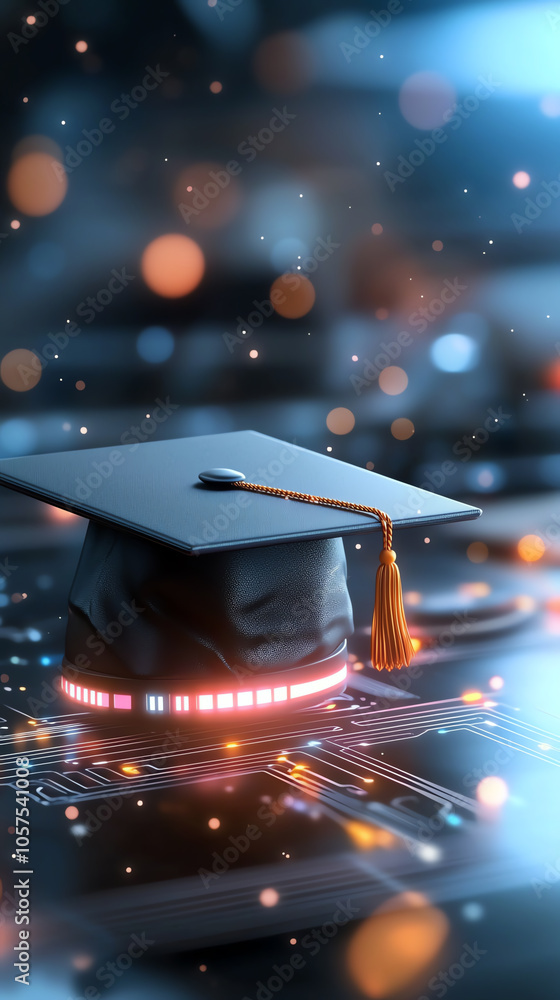 Poster futuristic graduation a cyberpunk cap illuminated by neon lights and digital elements in a tech-insp