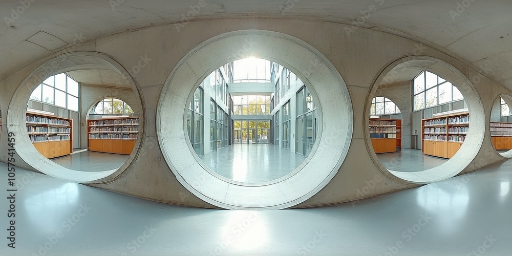 Poster modern library design featuring circular windows and open space