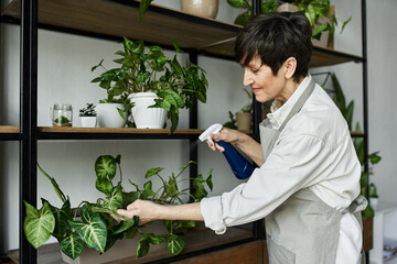 A woman lovingly cares for her plants in a bright, inviting studio space.