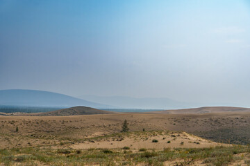 Golden desert dunes illuminated by sunbeams under a dramatic sky