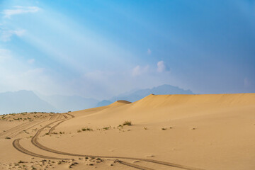 Golden desert dunes illuminated by sunbeams under a dramatic sky