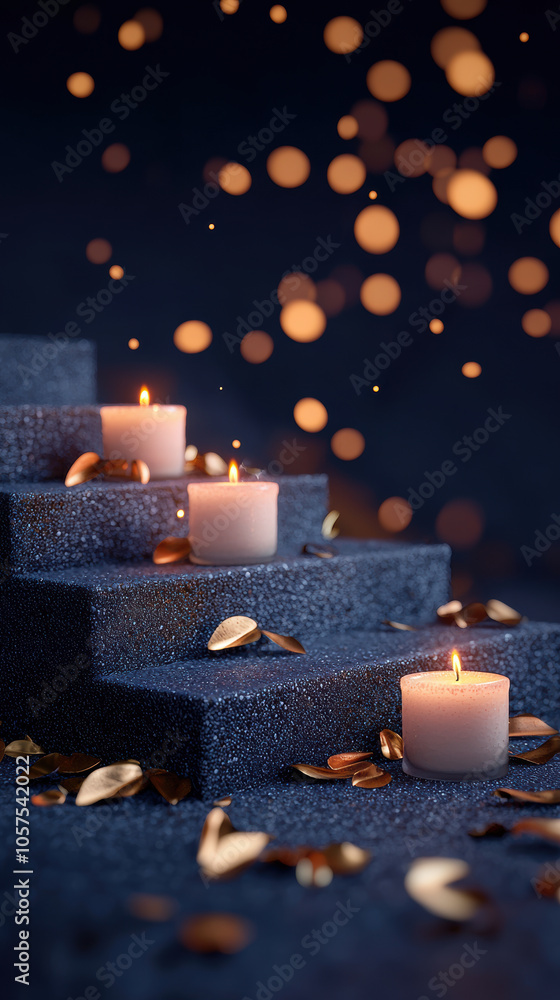 Poster soft glowing candles illuminate dark stone steps, creating warm and festive atmosphere with scattere