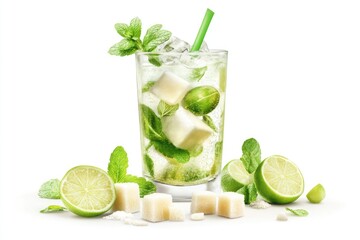 Fototapeta premium Fresh mojito cocktail ingredients on white background.