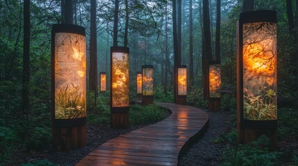 A tranquil forest walk with holographic informational panels on local flora and fauna, each panel lighting up with a soft, earthy glow. The displays help educate hikers about the environment 
