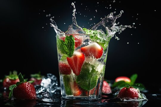classic and strawberry mojito drink splash on a black background  mojito  mojito
