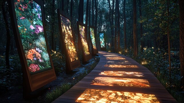 A tranquil forest walk with holographic informational panels on local flora and fauna, each panel lighting up with a soft, earthy glow. The displays help educate hikers about the environment 