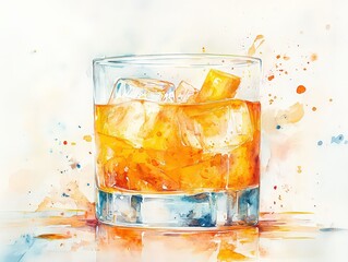  Vibrant watercolor-style illustration of an orange cocktail with ice cubes in a glass, radiating refreshing summer vibes and perfect for social occasions.