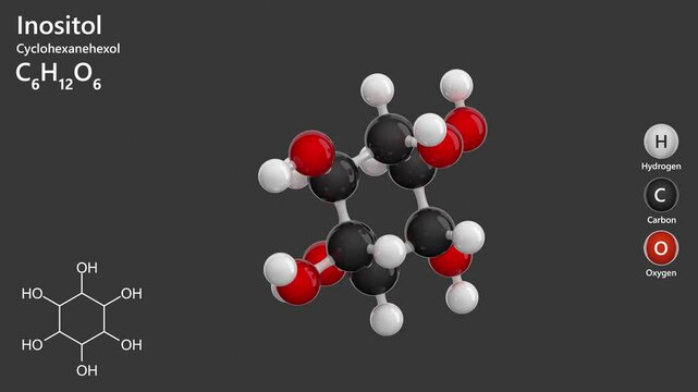 Inositol or myo-inositol. Isomer of glucose. Animated 3D model of a molecule. Molecular formula: C6H12O6. Chemical model: Ball and stick. Gray background. 3D rendering. Seamless loop