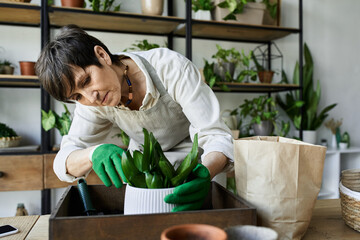 A gardener lovingly arranges her beloved plants in a bright studio.