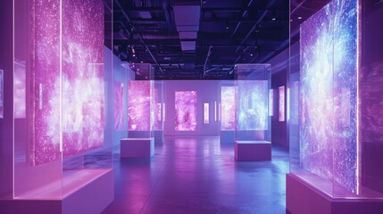 An art gallery featuring holographic frames with moving abstract designs, providing a constantly shifting display of digital art. The exhibit combines traditional art forms with a tech-forward 