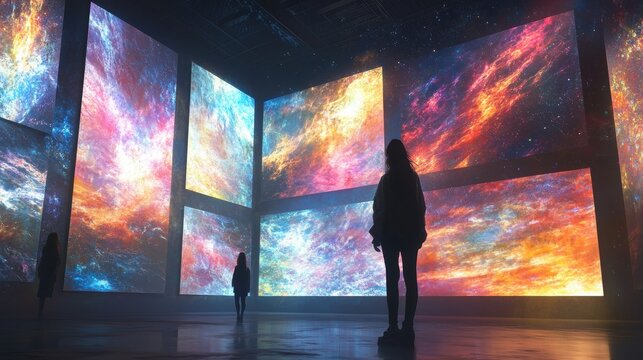 An art gallery featuring holographic frames with moving abstract designs, providing a constantly shifting display of digital art. The exhibit combines traditional art forms with a tech-forward 