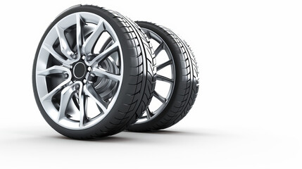 Two car's wheel with aluminium rim, free space, copy space, isolated on white.