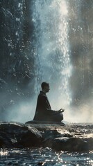 Obraz premium In the image, a serene man is captured in a meditative posture, sitting cross-legged on a rock with his hands resting on his knees. The picture is backlit by a soft light which illuminates the cascadi