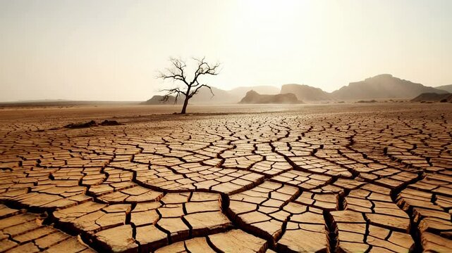 A lone tree stands on a vast cracked desert landscape, illustrating arid conditions and climate change. The sun casts a harsh light, enhancing the sense of desolation and survival