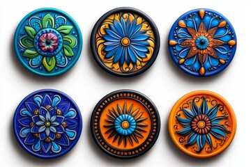 a 2D cartoon illustration of a hand-painted ceramic plate with unique patterns artistic and beautiful white background