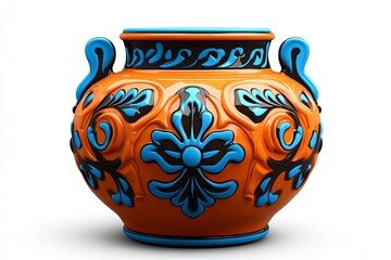 a 2D cartoon illustration of a hand-painted clay pot with cute patterns creative and charming white background