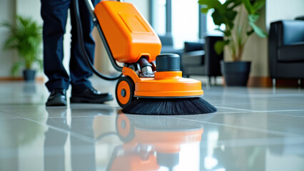 Fototapeta premium Worker in Dark Attire Polishing a Gleaming Floor with an Orange Machine