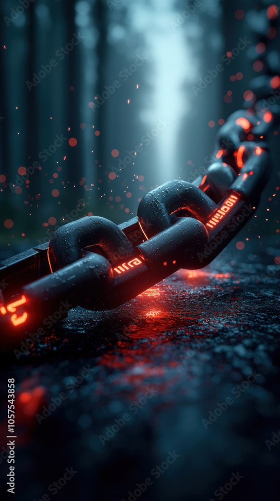 Poster glowing chain links together in misty forest, symbolizing strength and connection. vibrant red highl