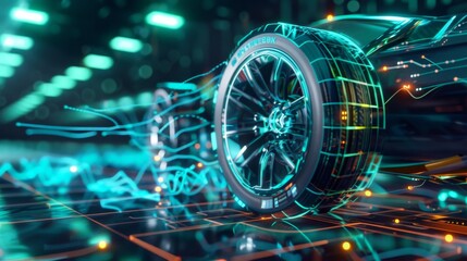 This image showcases a close-up of a modern, glossy car tire and rim, set against a backdrop of vibrant blue light streaks and neon digital patterns that evoke a sense of high-speed motion and advance