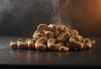 Roasted cashew nuts on black background. Generative AI