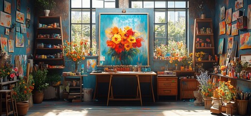 Naklejka premium A bright, spacious, and colorful art studio with a large window, a wooden desk, and shelves filled with art supplies and flowers.