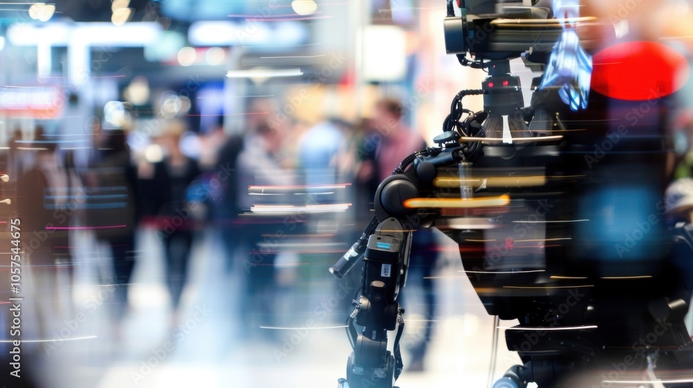 Poster blurry glimpses of robots and artificial intelligence on display at a tech expo making attendees won