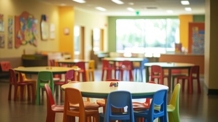 Colorful playroom with round tables and chairs