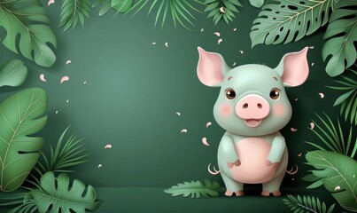 Fototapeta premium A vibrant, cartoon-style pink pig with teal fur stands amidst tropical jungle leaves, bringing whimsy and charm to a lush scene.