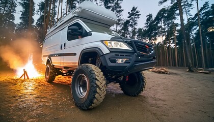 Futuristic offroad camper van on rocks in the woods