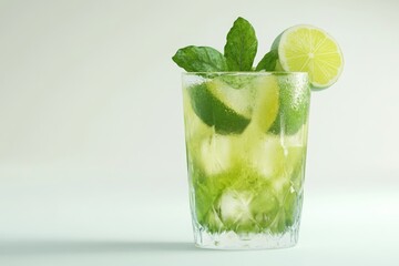 Glass of delicious mojito and lime on white background  mojito  mojito