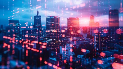 Digital Cityscape with Neon Lights and Data Overlay