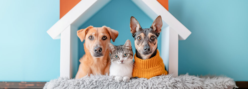 Cute dog and cat sitting in a big house model. Adoption of homeless animals concept.