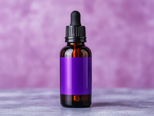 Stylish amber glass dropper bottle with a purple label, perfect for essential oils or cosmetic products.