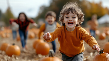 Fototapeta premium Joyful children running through pumpkin patch, celebrating autumn fun
