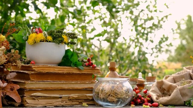Medicinal herbs and flowers homeopathy selective focus.