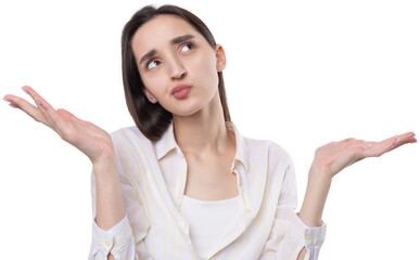 Young beautiful woman with facial expression of surprise standing over white background.