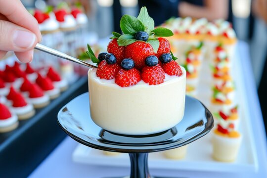 Chocolate fondue with fresh fruit being dipped, capturing the smooth, melted richness and joyful indulgence of dessert, symbolizing delight and elegance