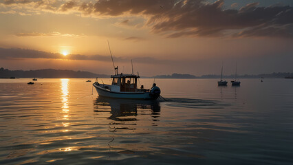 Naklejka premium scene of a fisherman’s boat actively catching fish on a calm, open sea at sunrise time