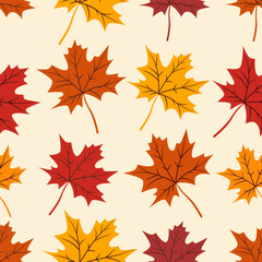 Fototapeta premium Autumn leaves seamless pattern background vector design template. Repeating texture tile. Natural backdrop. Fashion textule fabric print. Gift paper wrapper. Cozy yellow, orange, brown colors.