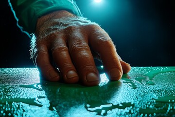 Close-up of a suspectâ€™s hand gripping the edge of a table tightly, with intense lighting capturing the nervousness and tension of interrogation, symbolizing suspense and unease