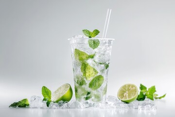 Mojito cocktail in plastic glass on white background. Summer drink.