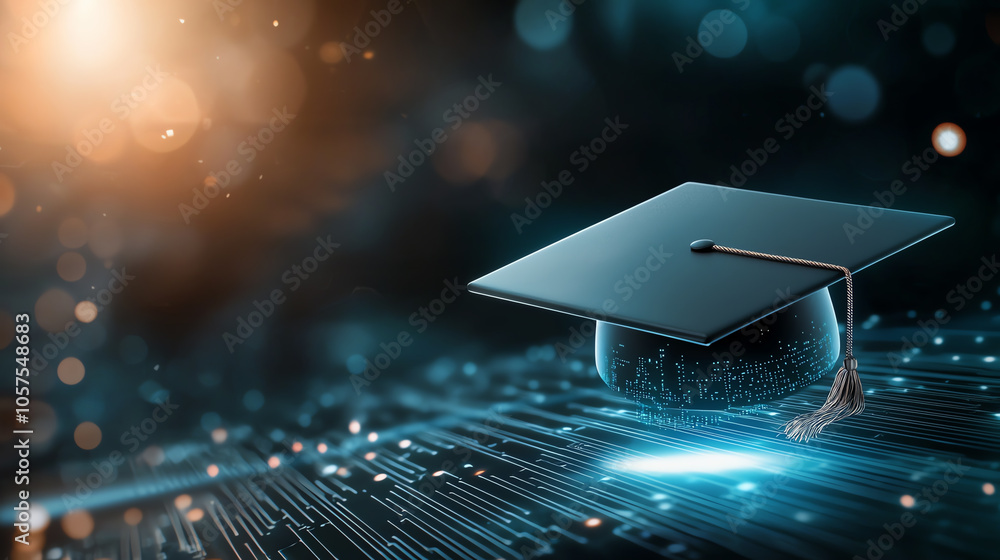 Poster exploring the future of education a futuristic digital graduation cap surrounded by data streams in 