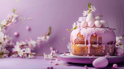 Easter-themed arrangement with cake, eggs, on violet background